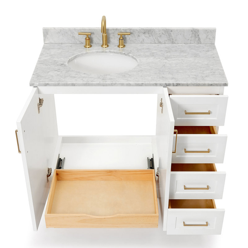 Ensemble de meuble-lavabo simple en bois massif 43 po Freitas blanc avec plateau en marbre de Carrare 0,75 po, gauche décalé, lavabo ovale