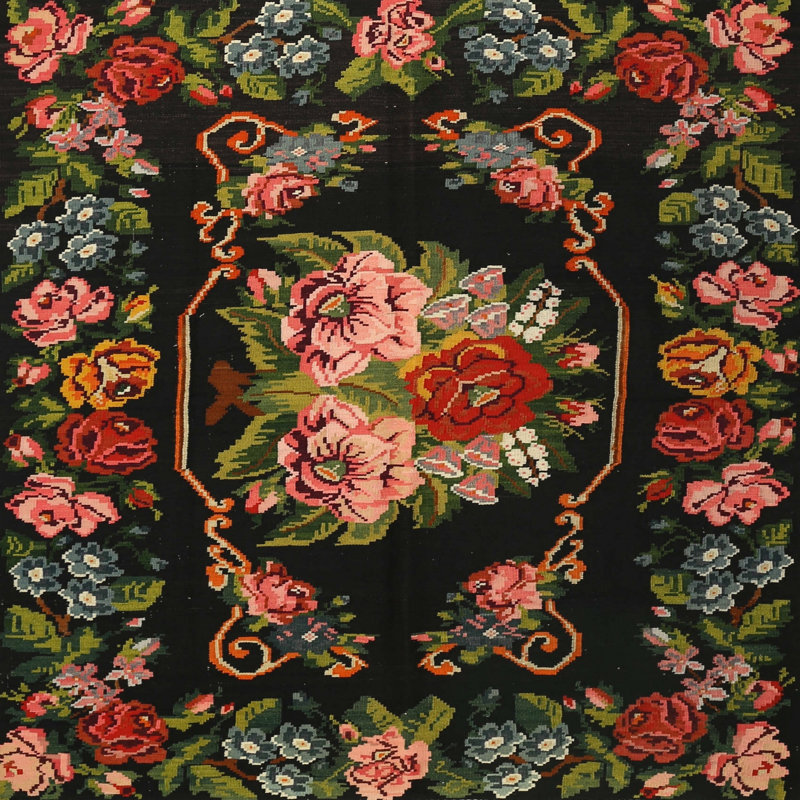 Tapis floral noir / vert / rose Wulfsige, Carré 4 pi