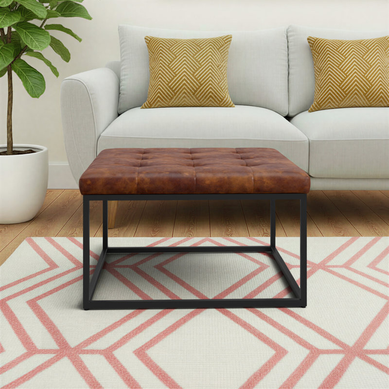 Prosperie 28.1" Wide Industrial Square Faux Leather Ottoman Coffee Table with Metal Frame