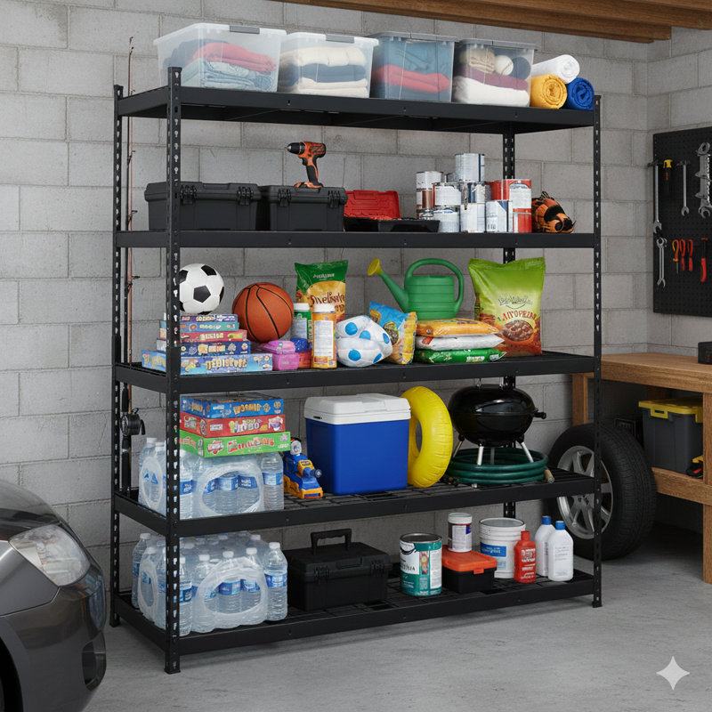 Étagère de rangement à 5 niveaux en acier thermolaqué noir mat avec supports grillagés (l 60 po x H 18 po x P 72 po)