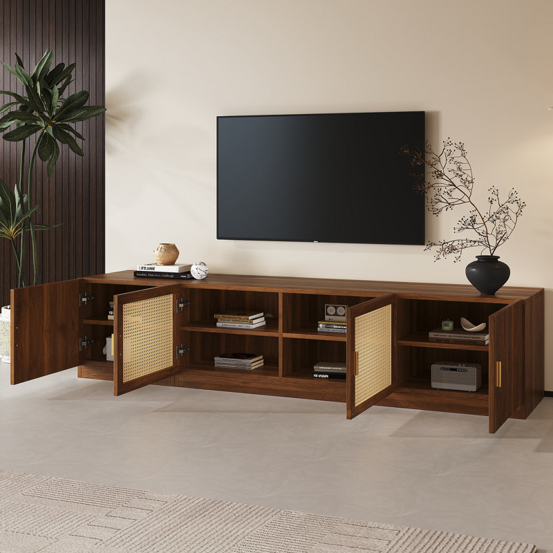 Meuble télé 78 po pour téléviseur de 85 po ou moins, console télé pour salon, console média avec portes en rotin, meuble télé à tablette réglable pour chambre à coucher