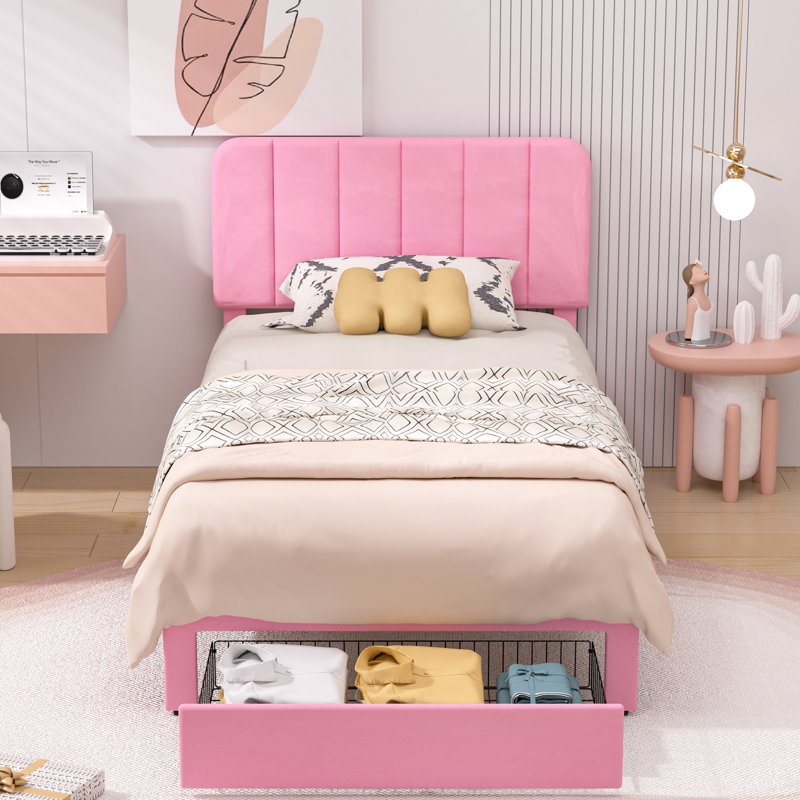 Huntsville 4-Drawer Velvet Upholstered Platform Bed, Pink, Twin