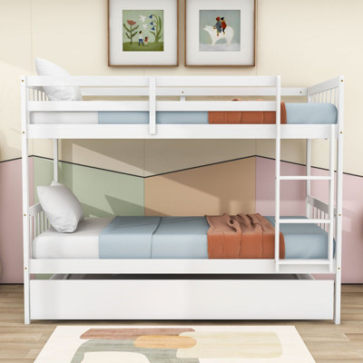 Hulbard Twin Over Twin Convertible Wooden Bunk Bed With Twin Trundle And Safety Guardrails