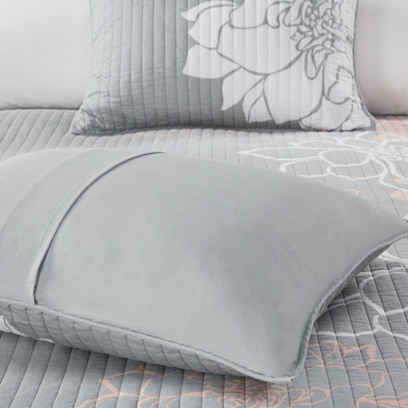 Gray and Peach Floral Reversible Cotton Full Quilt Set