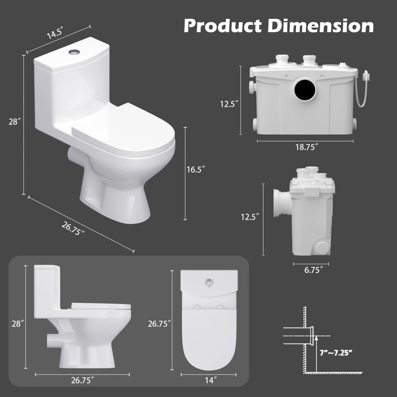 Yingze 700W Macerating Upflush Toilet System, One Piece Rear Outlet Dual Flush White Toilet with Soft Close Seat for Basement Bathrooms