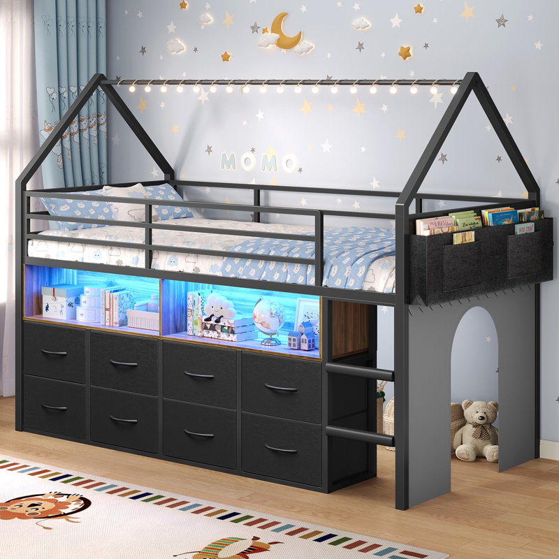 Twin Size Loft Bed With 8 Storage Drawers,House Shaped Metal Loft Bed With Led Lights And Bookcase,Low Loft Bed With Ladder & 13.4" Guardrail,Fun Space Under The Bed