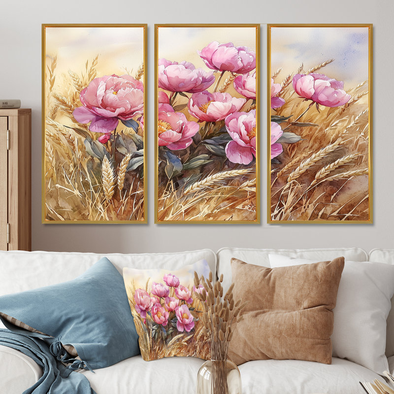 Pivoines dans le champ de blé II - art mural pivoines - ensemble de 3, H 28 po x l 36 po, Doré