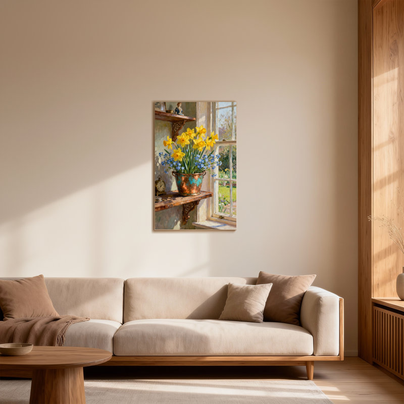 Plantes et fleurs, jonquilles jaunes, fleurs bleues, pot de cuivre, fenêtre, vue de jardin, H 12 po x l 18 po