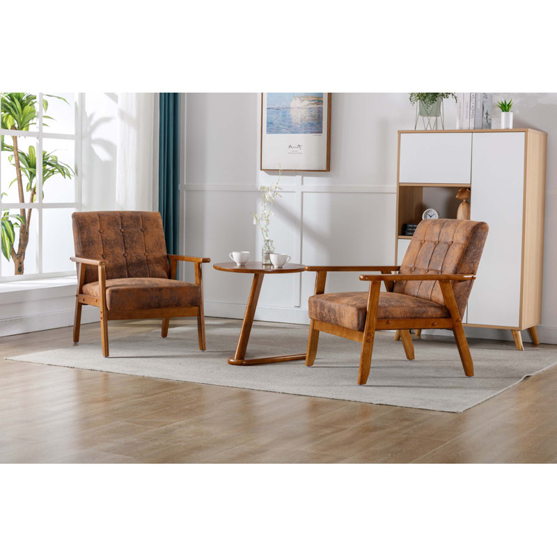 Accent Chairs Set of 2 with Side Table, Wood and Fabric Armchairs Side Chair, Polyester Coffee