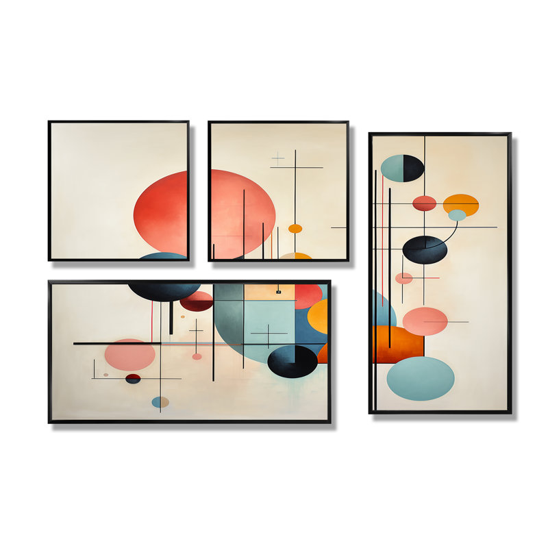 Syncronicities Midcentury Elegant Retro Art I - Art mural moderne 4 pièces, Impression encadrée sans passe-partout, Noir