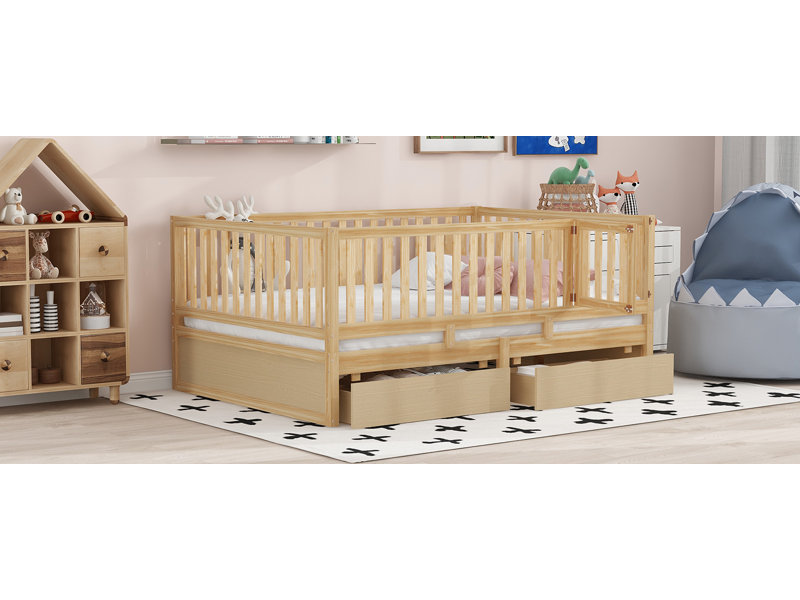 Full Size Wood Daybed with Fence Guardrails and 2 Drawers, Natural