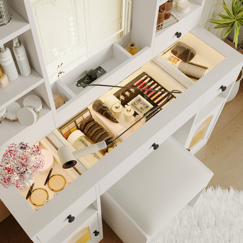 Bureau de coiffeuse avec cabinet de toilette, coiffeuse de maquillage avec station de charge et 3 lumières réglables