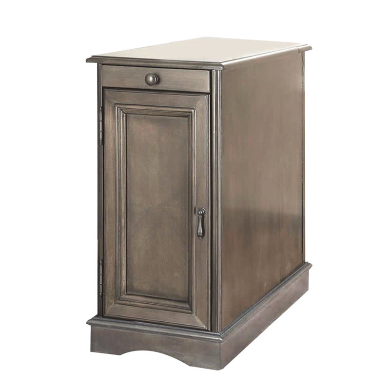 Transitional Side Table With Charging And Cup Holder - Gray Color Rectangular Outlet, Gray