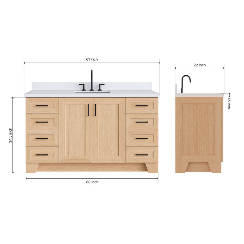 61 IN.  Single Bathroom Vanity, White, Rectangle, White Quartz