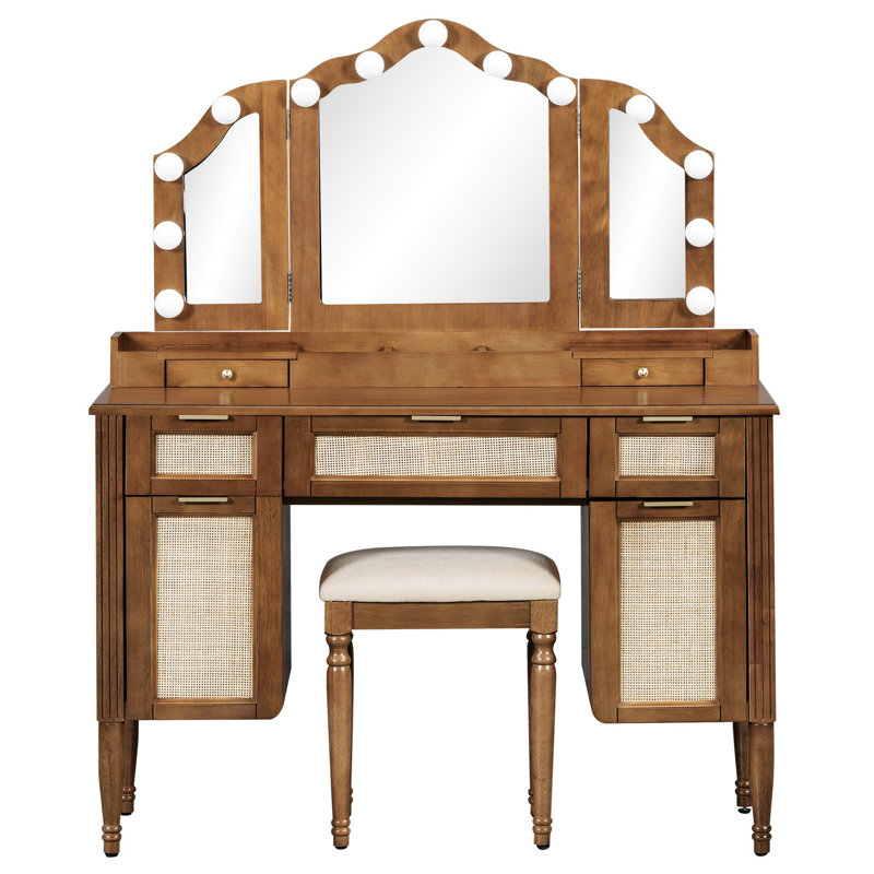 Ensemble de coiffeuse 44,37 "avec tabouret, 13 ampoules Hollywood et 3 modes d'éclairage, coiffeuse à miroir triple pliable avec tabouret rembourré, station de charge, beaucoup de rangement, espresso