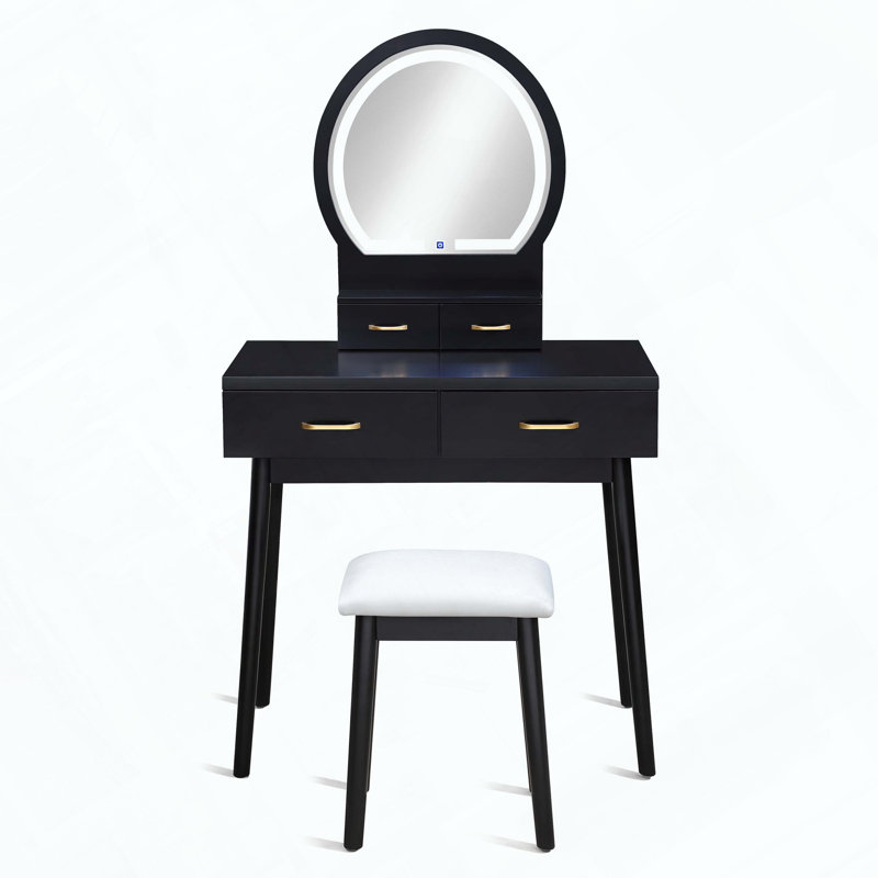 3-Piece Vanity Table and Stool Set with Built-in LED Mirror and Gold-Accented Handles, Black
