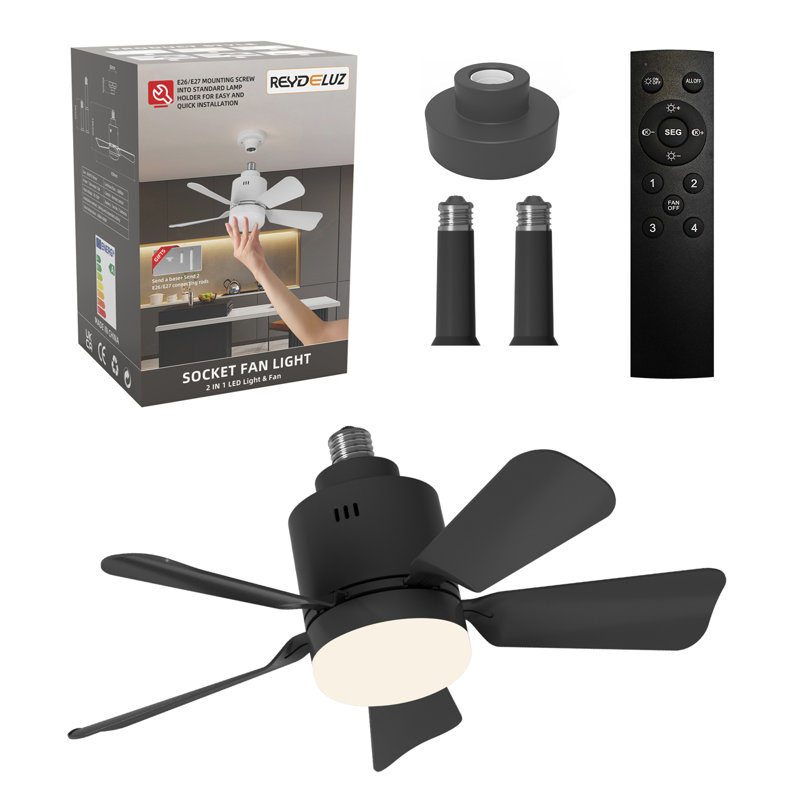 Ventilateur de douille de 18 pouces avec base E26 / e27 3 couleurs 3000k-6500k à intensité variable avec ventilateur de plafond à vis pour le salon, la chambre, la cuisine et le garage (noir)