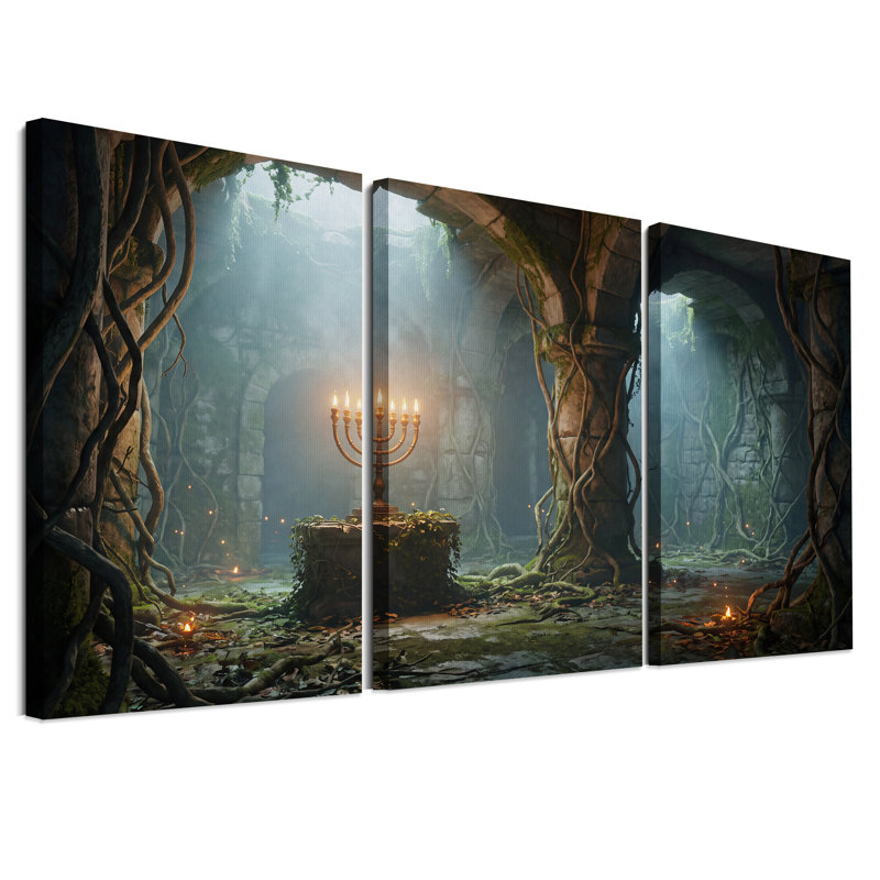 Ensemble de 3 toiles murales représentant une menorah lumineuse dans d'anciennes ruines de pierre, 30"H x 20"W x 3pcs