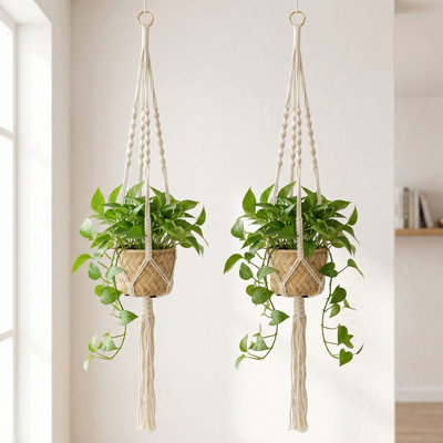 Ensemble de 2 jardinières suspendues bohémiennes, pots à fleurs 5 x 5 x 4,5 pouces avec support en coton, décoration murale et de plafond style bohème pour plantes d'intérieur