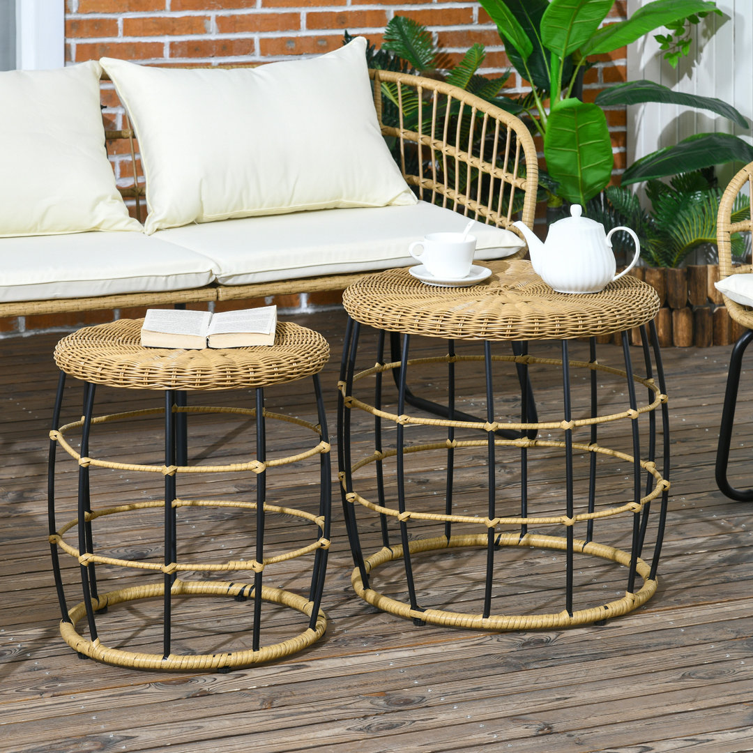 Rattan Beistelltisch 2er-Set, Couchtisch, Stapelbarer Sofatisch für Garten Stahl