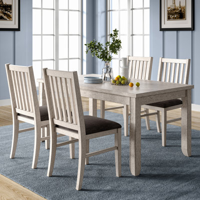 Ensemble de salle à manger rectangulaire 5 pièces pour 4 à 6 personnes, table de cuisine de 160 cm en bois d'hévéa massif avec dossier à lattes et chaises rembourrées en lin, ensemble de meubles de salle à manger en bois de style ferme moderne, gris délavé