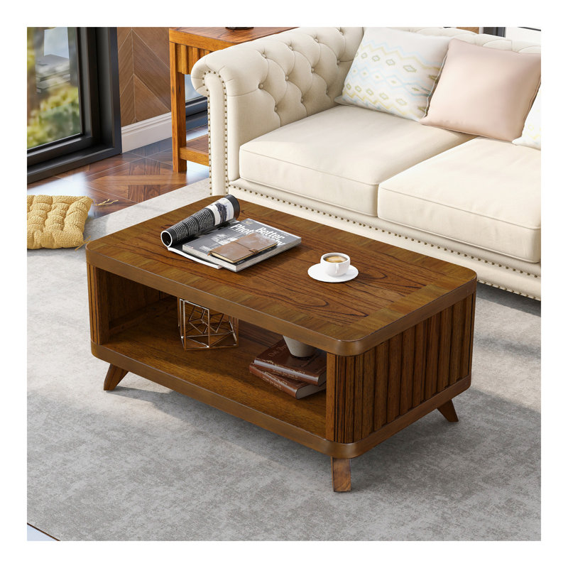 Table basse rectangulaire en bois pour le salon, table basse de 41,5 pouces avec pieds en bois massif, table basse en bois avec tablette de rangement ouverte. Assemblage facile, noyer