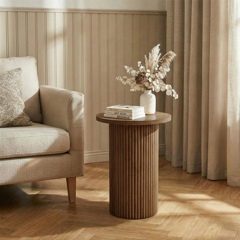 22'' Tall Solid Wood Round End Table Drum Side Table with Fluted Pedestal Base, Olive Brown