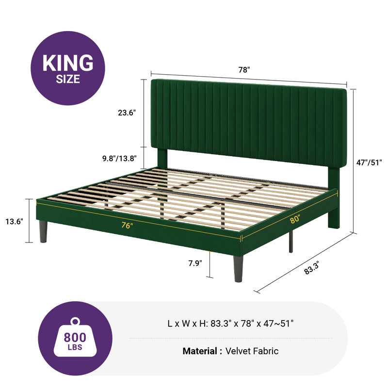 Velvet Upholstered Platform Bed With Adjustable Vertical Channel Tufted Headboard, King, Green