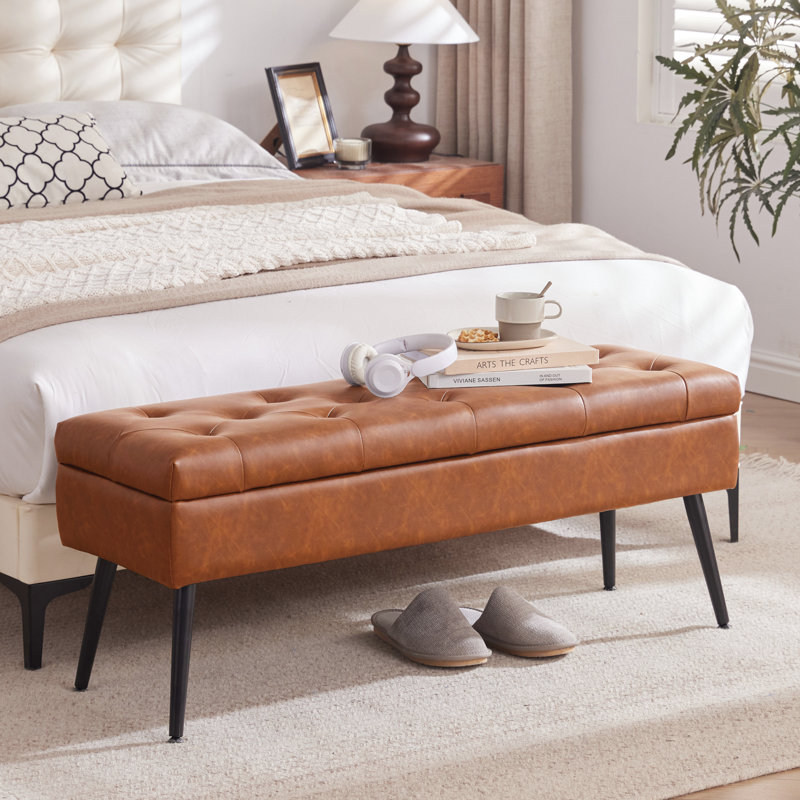 Banc de rangement en similicuir Honoka, Brun cognac, 17" H x 40" W x 13.8" D