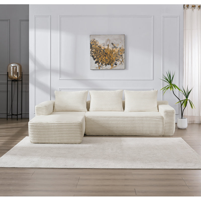 106.3" Flannel Modular Sofa, White Cotton, Left Hand Facing