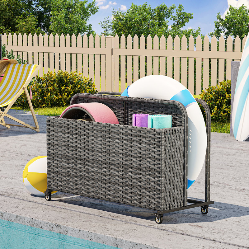 Boîte de terrasse près de la piscine, organisateur de rangement près de la piscine avec panier en osier de rotin pe, pour flotteurs et accessoires, cadre galvanisé avec roues verrouillables