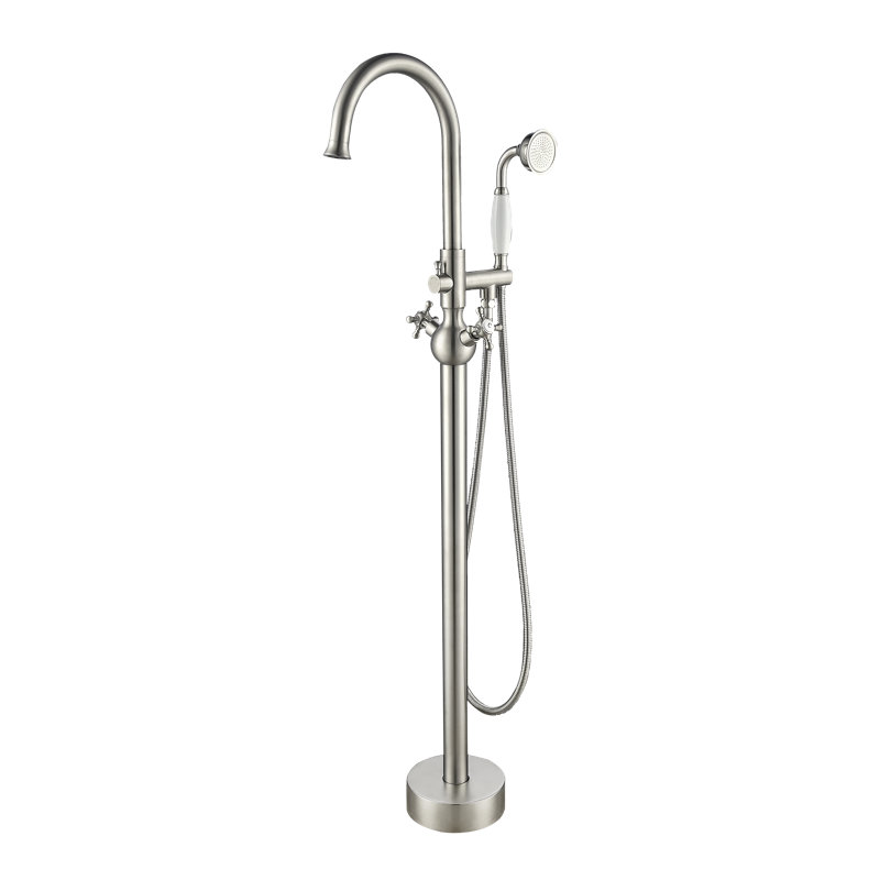 Robinet de baignoire sur pattes à deux poignées, Nickel brossé