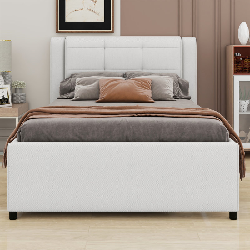 Lit plateforme tapissier avec lit gigogne, Beige
