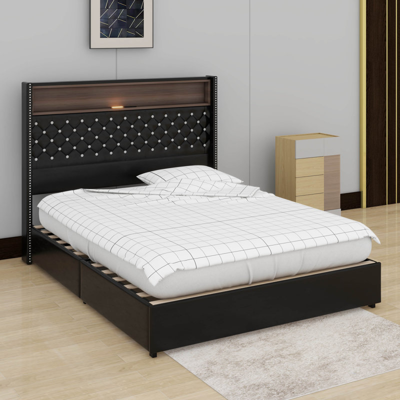 Structure de lit double en velours avec port de charge USB et veilleuse, décoration de rivet, lit plateforme à oreilles, Noir