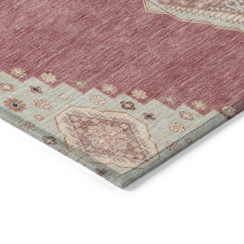 Beige and Pink Synthetic Medallion Washable Rug