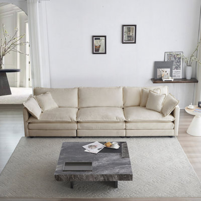 Mid-Century Modern Couch 3-Seater Sofa With 2 Armrest Pillows And 3 Toss Pillows, Couch For Living Room Chenille