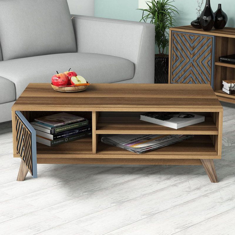 Ensemble de meubles de salon moderne, noyer et bleu, meuble télé 63,0 x 22,1 x 13,8 po, tablette murale 45,6 x 7,3 x 7,9 po, armoire 17,4 x 17,4 x 9,8 po, table basse 41,3 x 15,0 x 23,6 po | 100% enduit de mélamine | Design élégant et fonctionnel