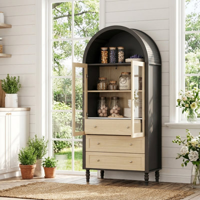 70"H Arched Kitchen Pantry Storage Cabinet with Tempered Glass Door, Tall Arched Bookcase, Pantry Organizer with 3 Drawers, Adjustable Light,Open & Adjustable Shelf