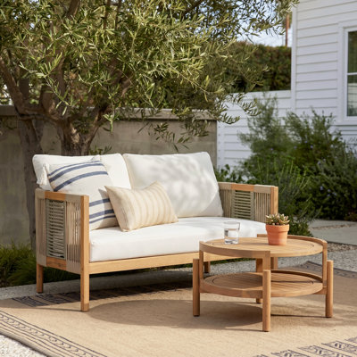 Jassel Modern Coastal Acacia Wood Outdoor Loveseat & 2-Tier Coffee Table Set with Rope Accents and Deep Cushions