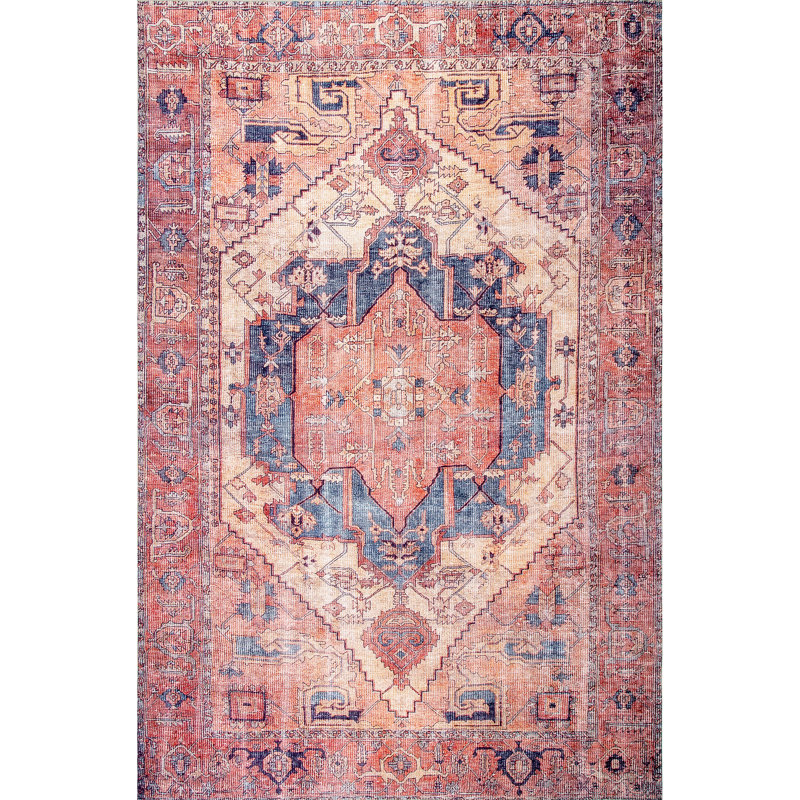 Tapis rouge / orange tissé à la machine à motif médaillon performance Alfonso, Rectangle 5 pi x 8 pi