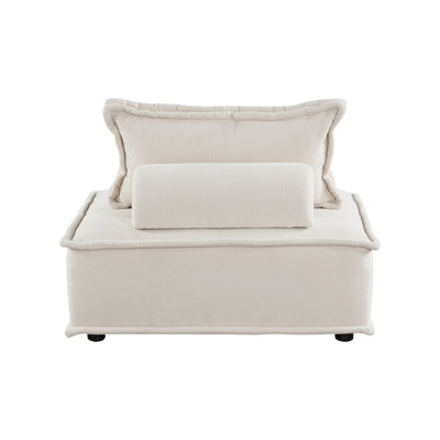 Fauteuil d'appoint capitonné beige avec coussin traversin, siège modulaire sans accoudoirs moderne, structure en bois massif