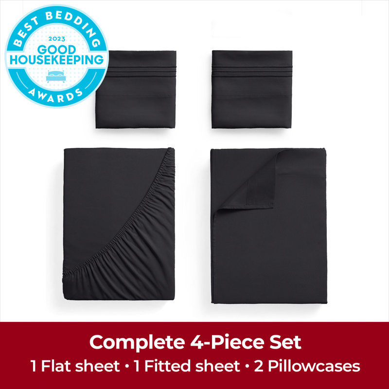Ensemble de draps Mellanni 1800 avec drap-housse complet noir, Noir, Ensemble de draps pour lit double avec 2 taies d'o