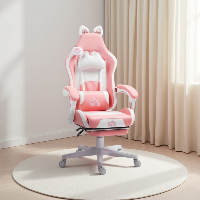 Cute Racing Gamer Chair, Faux Leather Gaming Chair with Footrest, Headrest and Lumbar Support