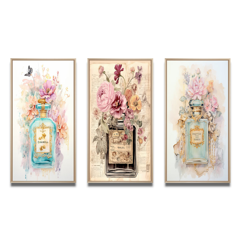 Ensemble d'art mural rétro à parfum floral, ensemble de 3 pièces - Bouteille de parfum pastel à motif floral rétro