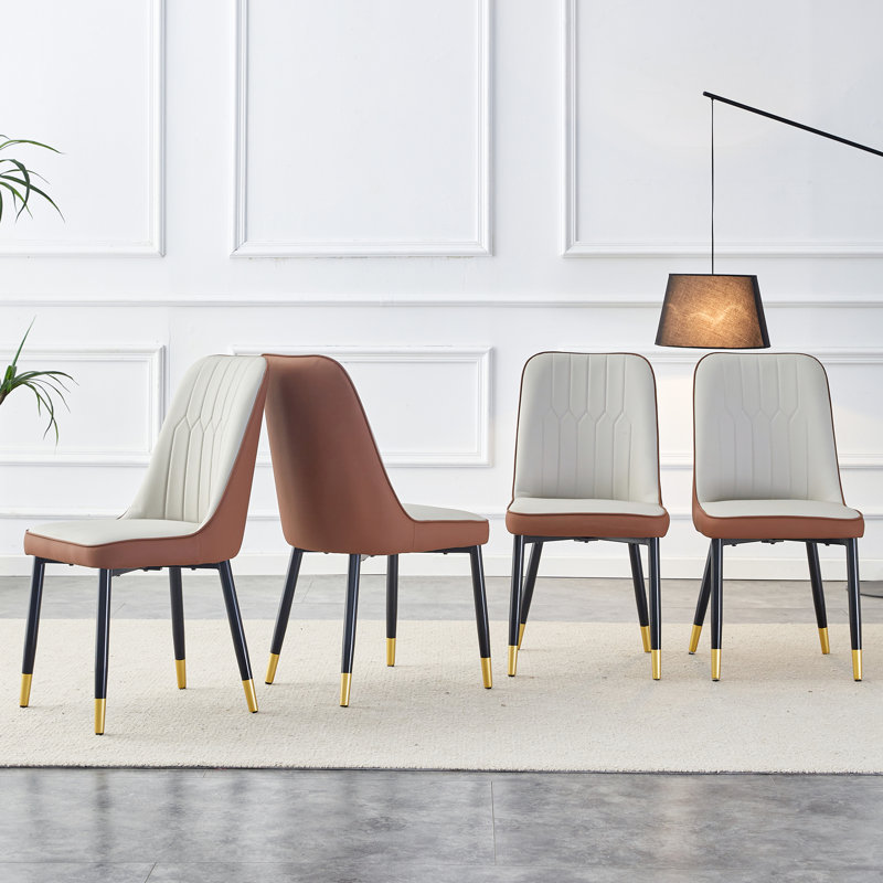 Chaise de salle à manger moderne, dossier en cuir de polyuréthane brun clair avec pieds en métal noir, ensemble de 4 chaises d'appoint