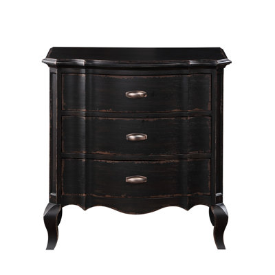 Table de chevet noire antique avec motif de lit à panneau, détails à têtes de clous, détails de têtes de clou, trois tiroirs spacieux, pieds, finition de 30 pouces de large avec tête de lit et glissières métalliques latérales de tiroir, grande, 18
