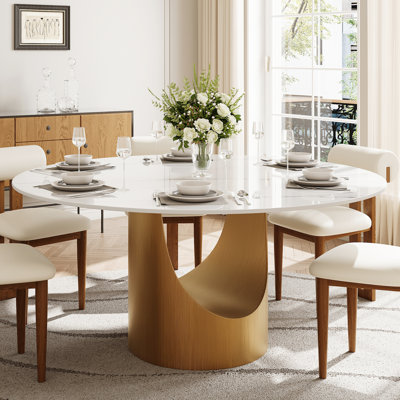 Modern Round Dining Table for 6-8, Glossy White Sinered Stone Table top with Bronze Steel Base