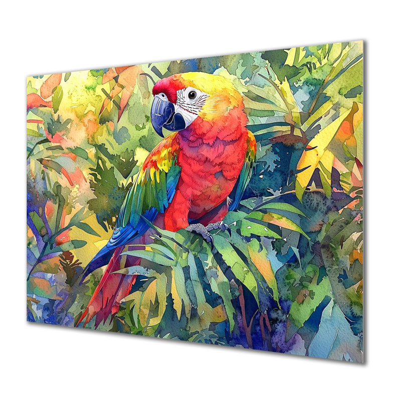 Aquarelle perroquet dans les tropiques II - reproduction d'oiseau sur métal, H 16 po x l 32 po