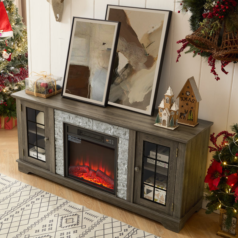 58" Modern TV Stand with 2-Door Storage & 18" Electric Fireplace, Faux Stone Media Console Cabinet, Gray, Yes