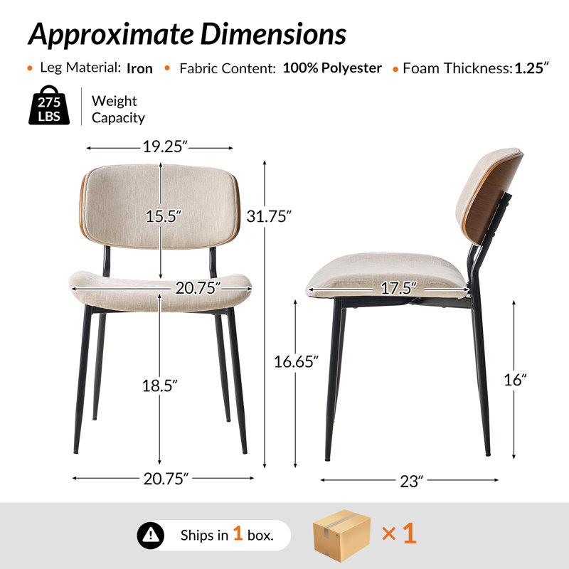 Balloo 20.75"W Modern Fabric Seat Cushion Dinning Chair with Curved Wooden Backrest (Set of 2), Beige